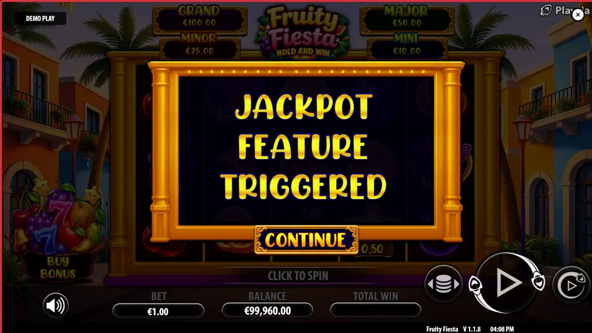 Tampilan visual slot Fruity Fiesta dengan tema neon dan buah-buahan