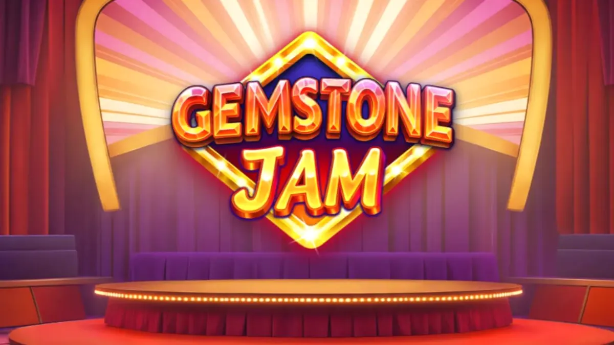 Tampilan visual slot Gemstone Jam dengan latar panggung TV yang mewah dan simbol permata berkilau.