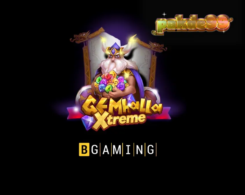Ilustrasi Thor dengan palu Mjolnir di samping gulungan slot Gemhalla Xtreme yang berkilauan dengan simbol mitologi Nordik.