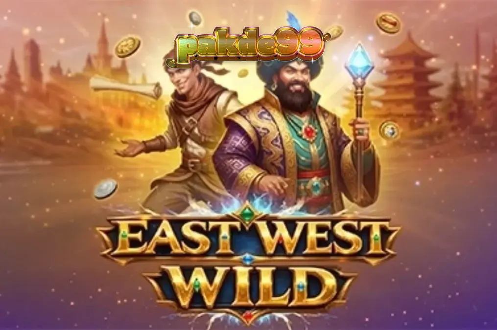 Pemandangan visual slot East West Wild dengan latar belakang gurun dan simbol emas.